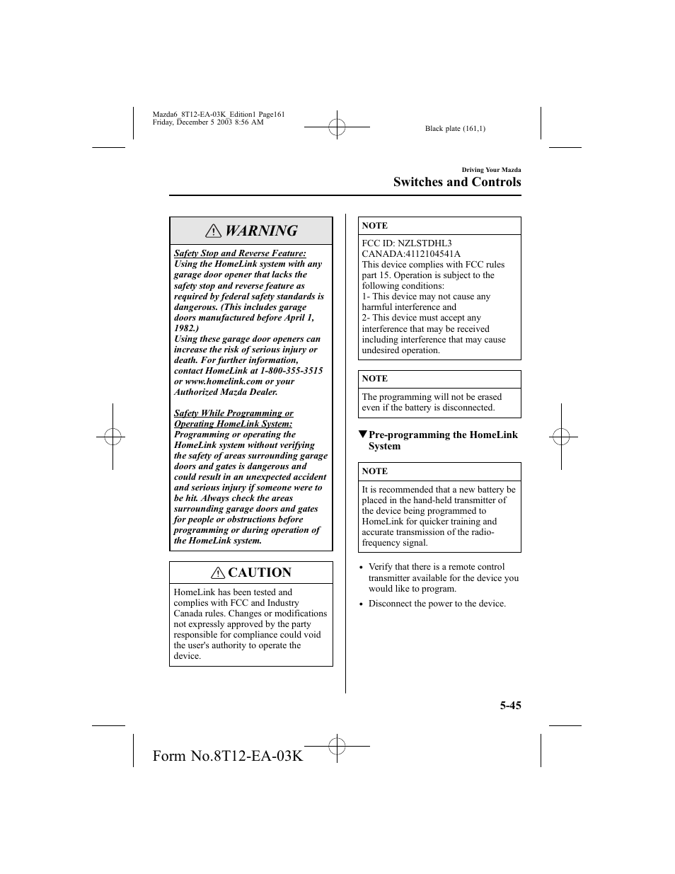 Warning, Caution, Switches and controls | Mazda 8T12-EA-03K User Manual | Page 161 / 326