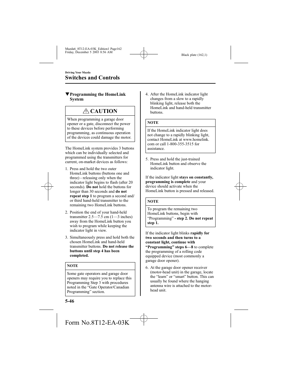 Caution, Switches and controls | Mazda 8T12-EA-03K User Manual | Page 162 / 326