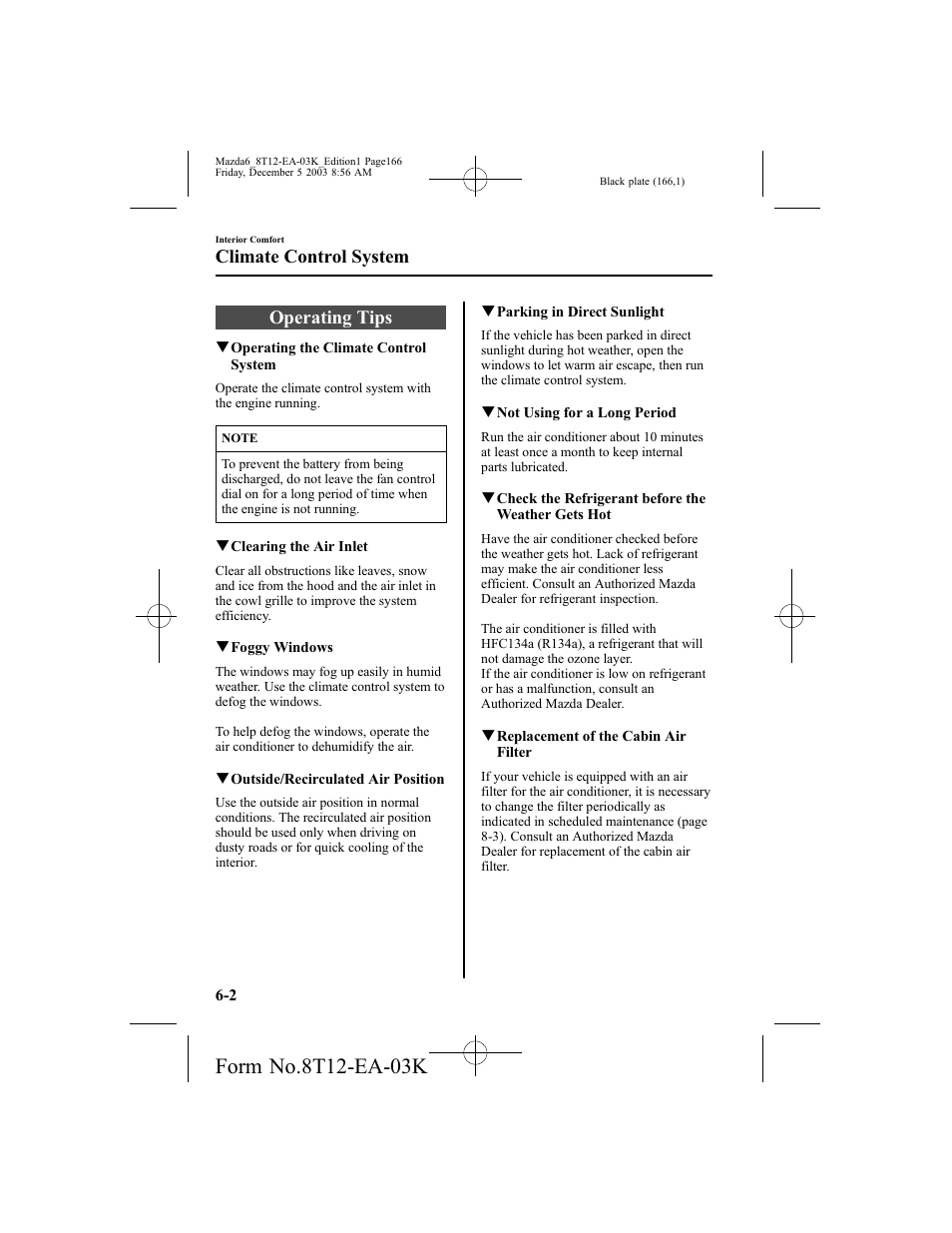 Operating tips, Climate control system | Mazda 8T12-EA-03K User Manual | Page 166 / 326