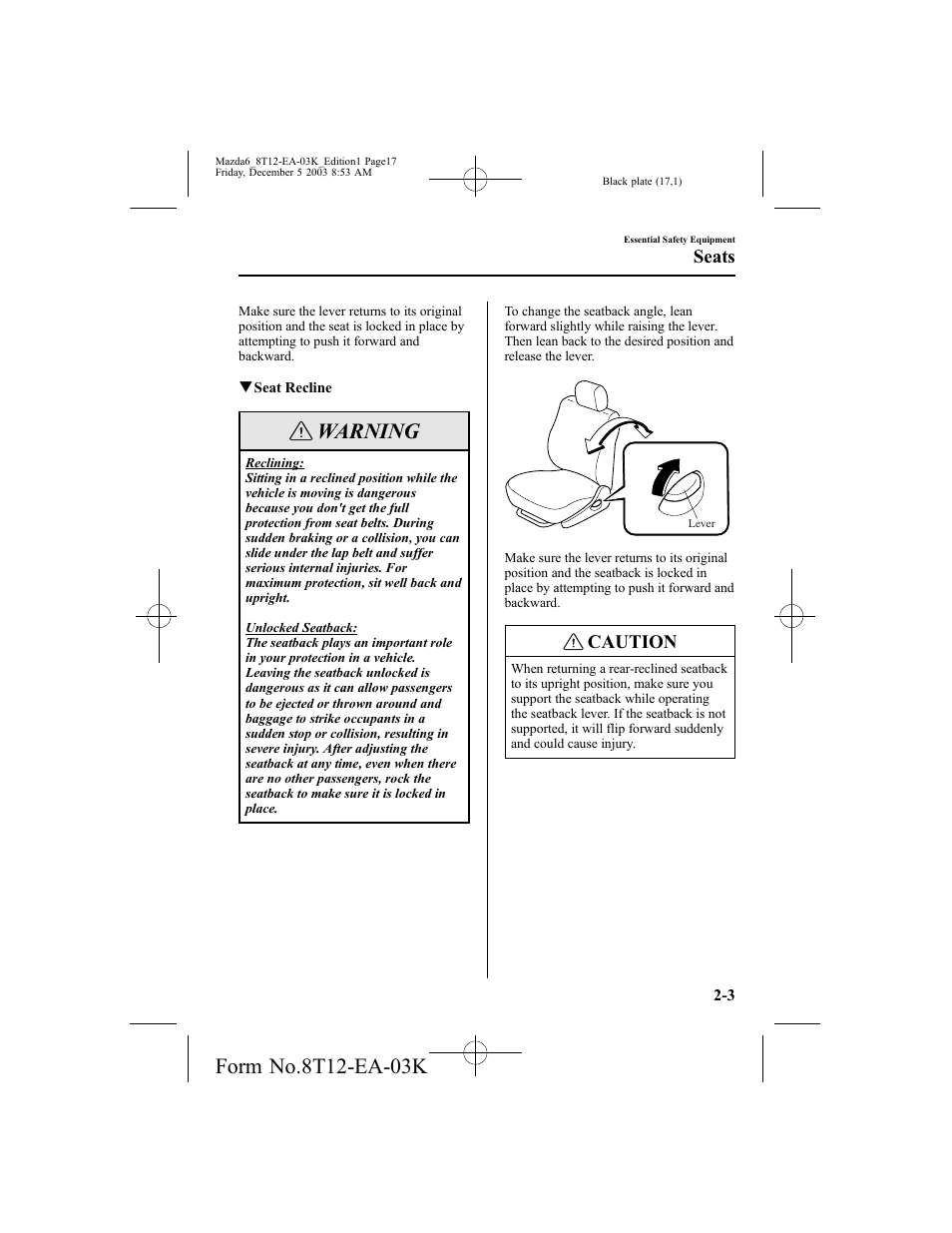 Warning, Caution, Seats | Mazda 8T12-EA-03K User Manual | Page 17 / 326