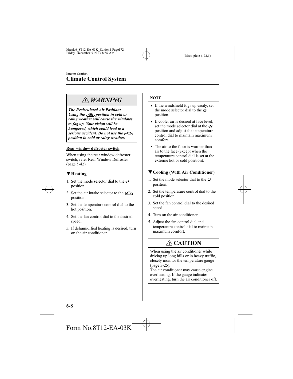 Warning, Caution, Climate control system | Mazda 8T12-EA-03K User Manual | Page 172 / 326