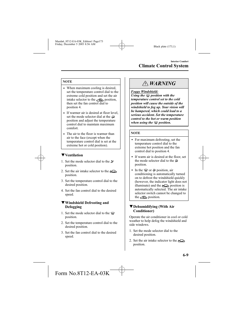 Warning, Climate control system | Mazda 8T12-EA-03K User Manual | Page 173 / 326