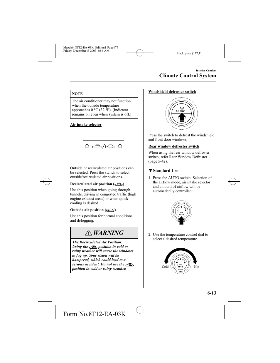 Warning, Climate control system | Mazda 8T12-EA-03K User Manual | Page 177 / 326