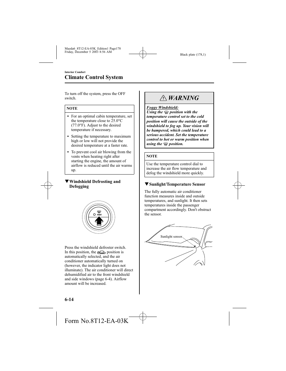 Warning, Climate control system | Mazda 8T12-EA-03K User Manual | Page 178 / 326