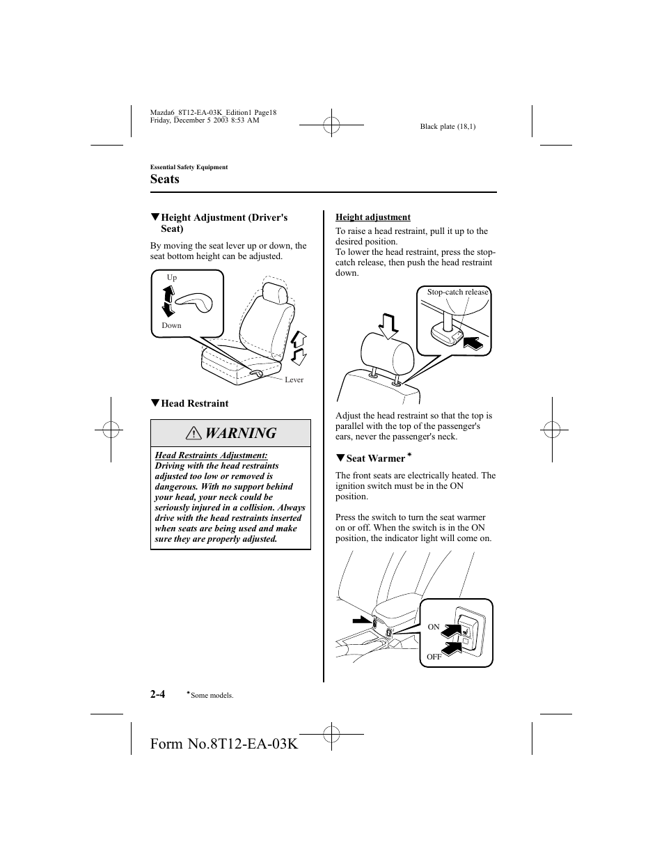 Warning, Seats | Mazda 8T12-EA-03K User Manual | Page 18 / 326