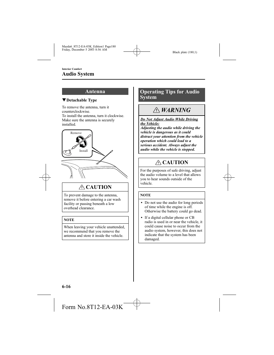 Warning, Antenna, Caution | Operating tips for audio system, Audio system | Mazda 8T12-EA-03K User Manual | Page 180 / 326