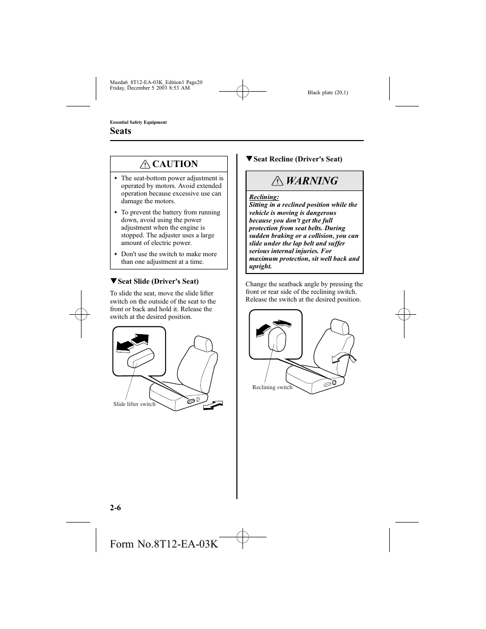 Warning, Caution, Seats | Mazda 8T12-EA-03K User Manual | Page 20 / 326