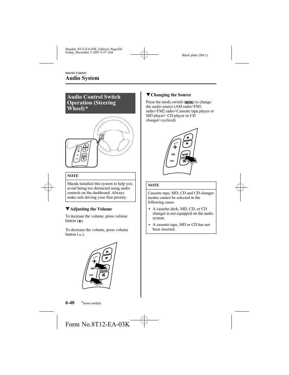 Audio control switch operation (steering wheel), Audio system | Mazda 8T12-EA-03K User Manual | Page 204 / 326