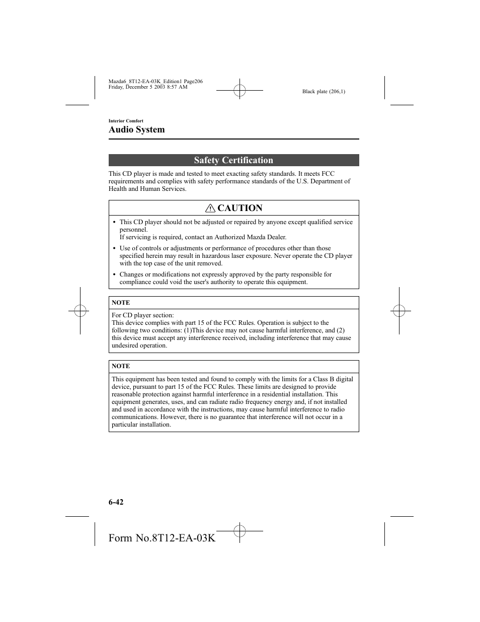 Safety certification, Caution, Audio system | Mazda 8T12-EA-03K User Manual | Page 206 / 326