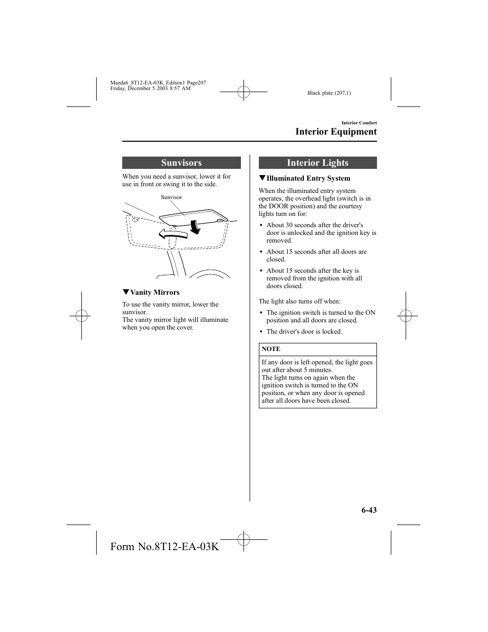 Sunvisors, Interior lights, Interior equipment | Mazda 8T12-EA-03K User Manual | Page 207 / 326