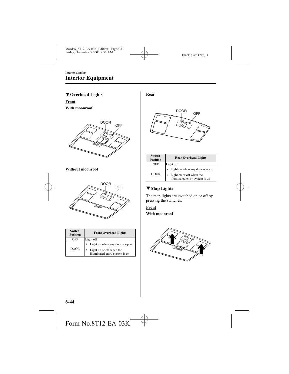 Interior equipment, Qoverhead lights, Qmap lights | Mazda 8T12-EA-03K User Manual | Page 208 / 326