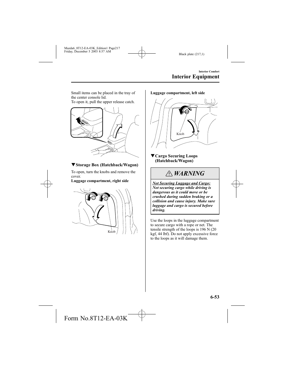 Warning, Interior equipment | Mazda 8T12-EA-03K User Manual | Page 217 / 326