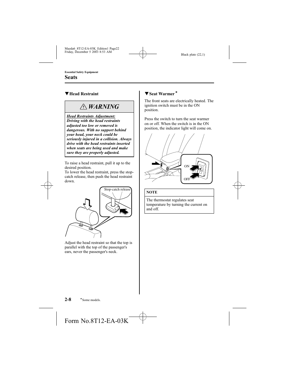 Warning, Seats | Mazda 8T12-EA-03K User Manual | Page 22 / 326