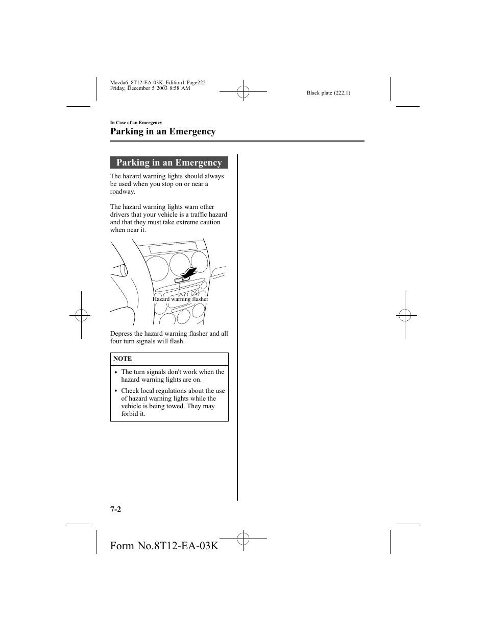 Parking in an emergency | Mazda 8T12-EA-03K User Manual | Page 222 / 326