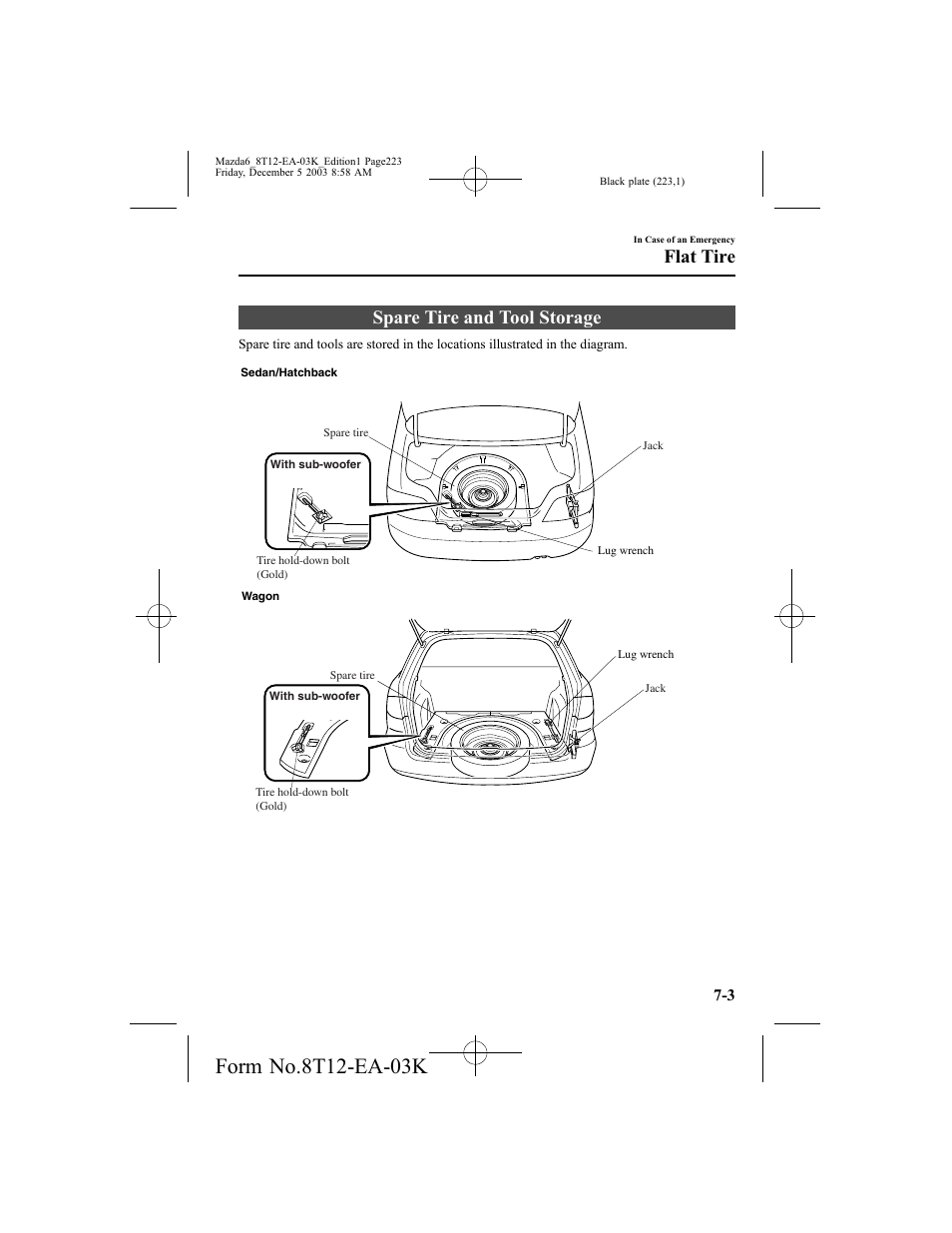 Spare tire and tool storage, Flat tire | Mazda 8T12-EA-03K User Manual | Page 223 / 326