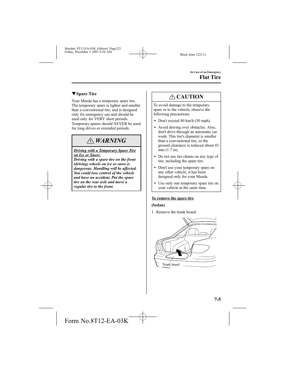 Warning, Caution, Flat tire | Mazda 8T12-EA-03K User Manual | Page 225 / 326