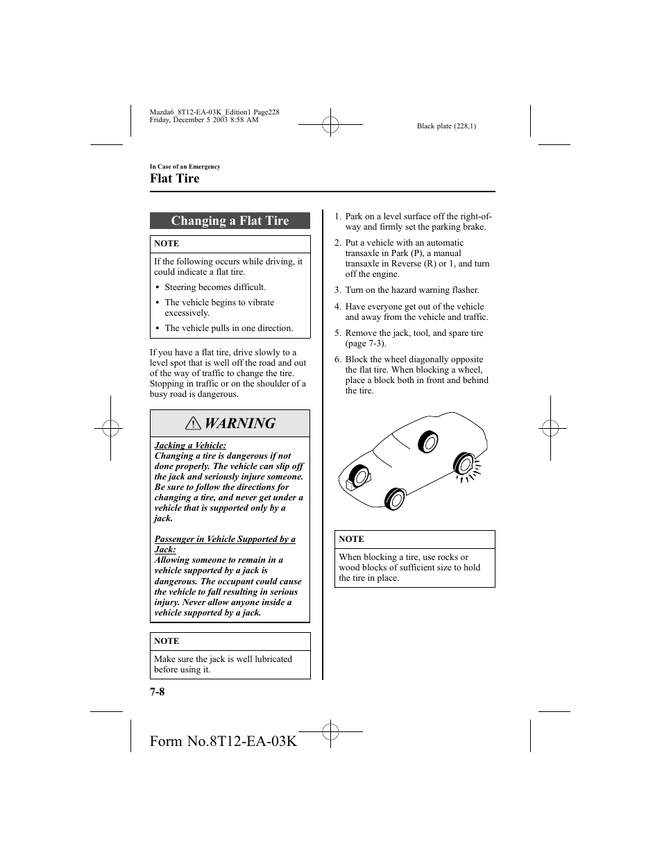 Warning, Changing a flat tire, Flat tire | Mazda 8T12-EA-03K User Manual | Page 228 / 326