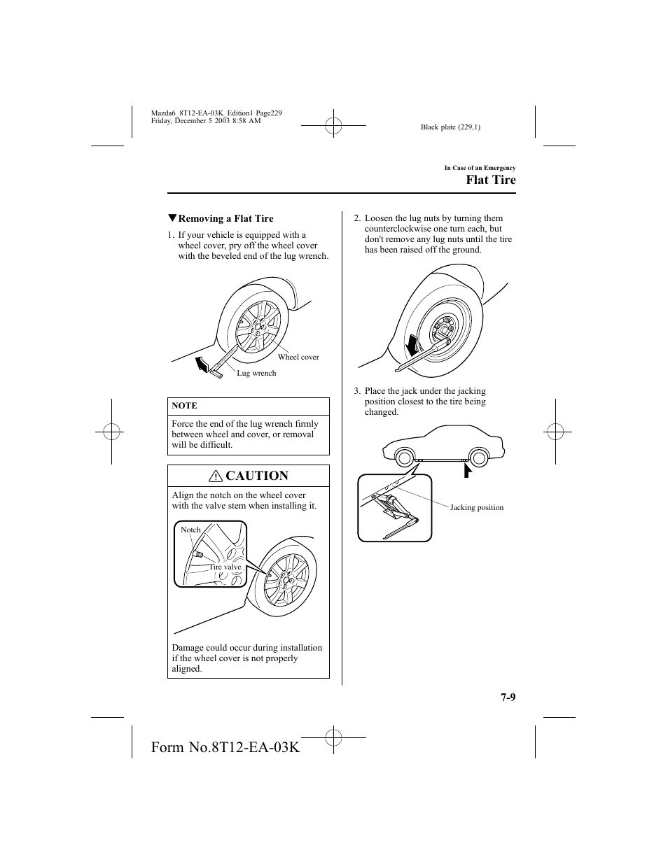 Caution, Flat tire | Mazda 8T12-EA-03K User Manual | Page 229 / 326