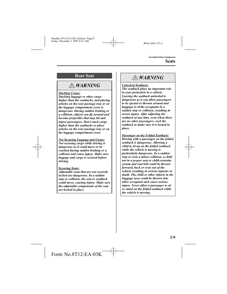 Warning, Rear seat, Seats | Mazda 8T12-EA-03K User Manual | Page 23 / 326