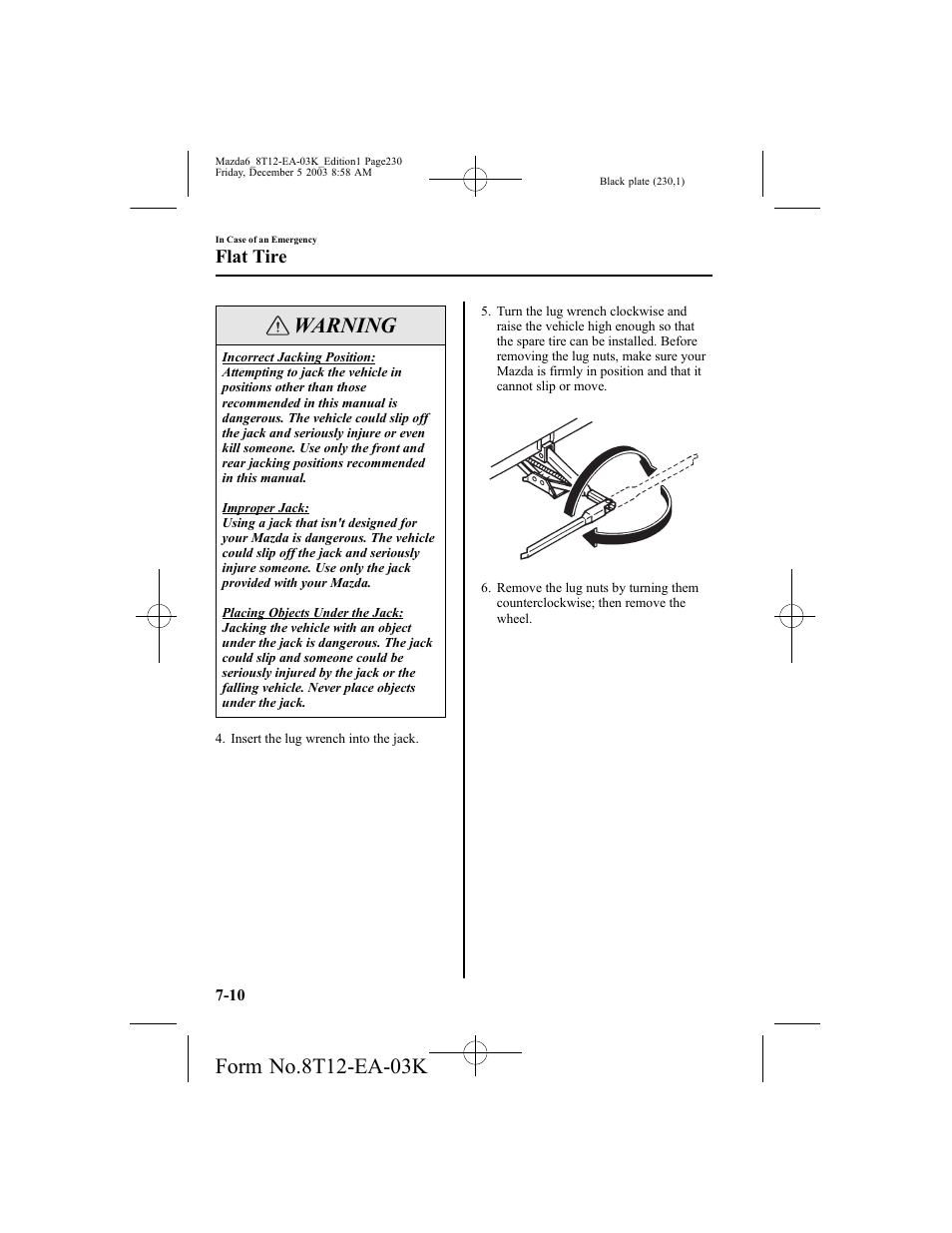 Warning, Flat tire | Mazda 8T12-EA-03K User Manual | Page 230 / 326