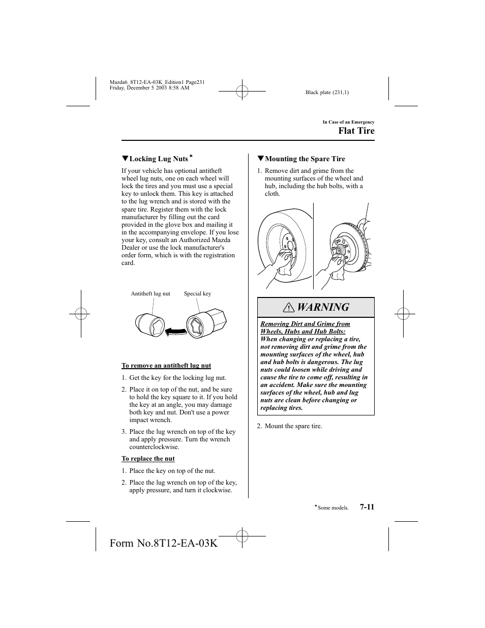 Warning, Flat tire | Mazda 8T12-EA-03K User Manual | Page 231 / 326