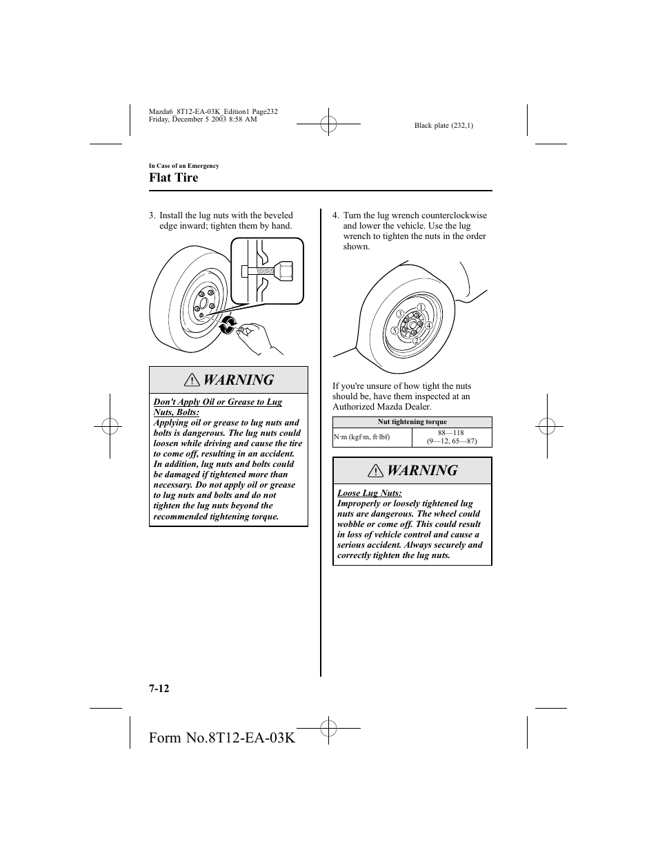 Warning, Flat tire | Mazda 8T12-EA-03K User Manual | Page 232 / 326