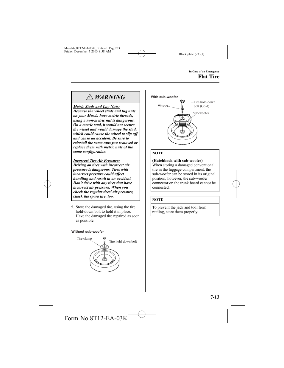 Warning, Flat tire | Mazda 8T12-EA-03K User Manual | Page 233 / 326