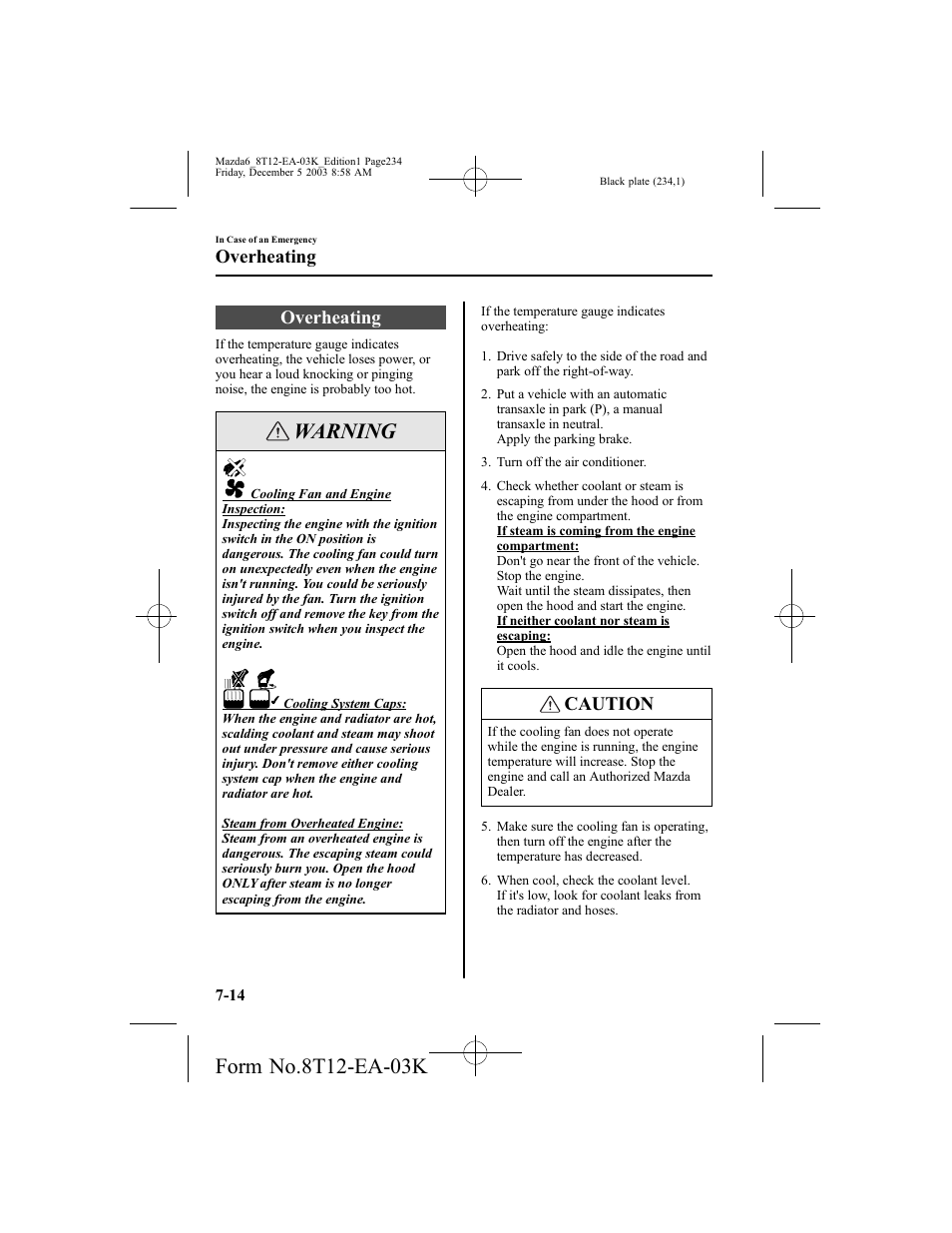 Warning, Overheating, Caution | Mazda 8T12-EA-03K User Manual | Page 234 / 326