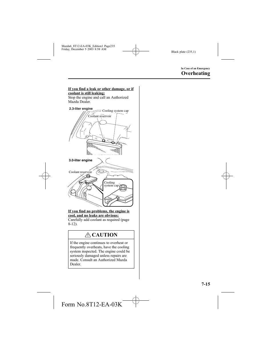 Caution, Overheating | Mazda 8T12-EA-03K User Manual | Page 235 / 326