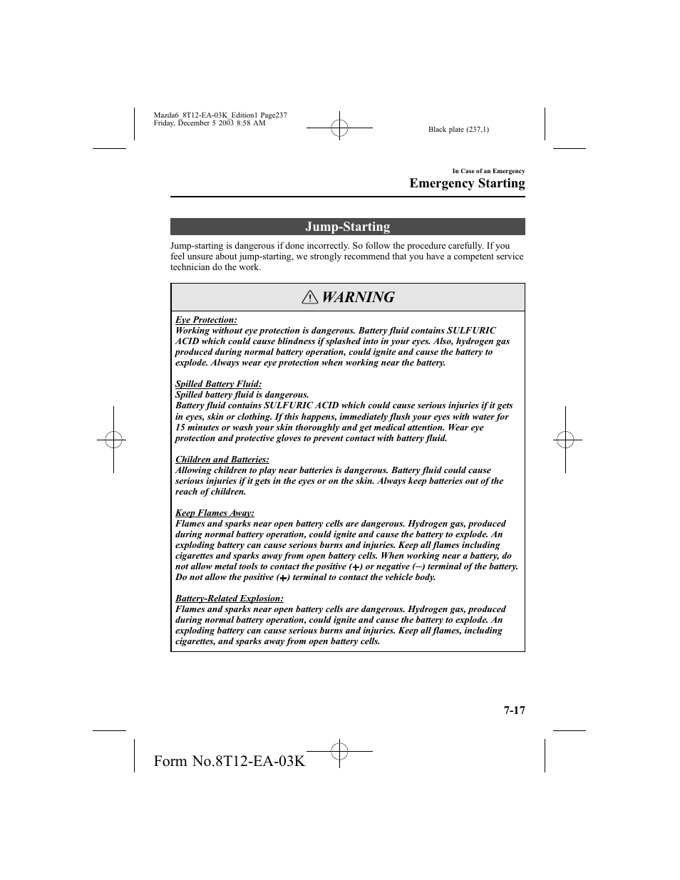 Warning, Jump-starting, Emergency starting | Mazda 8T12-EA-03K User Manual | Page 237 / 326