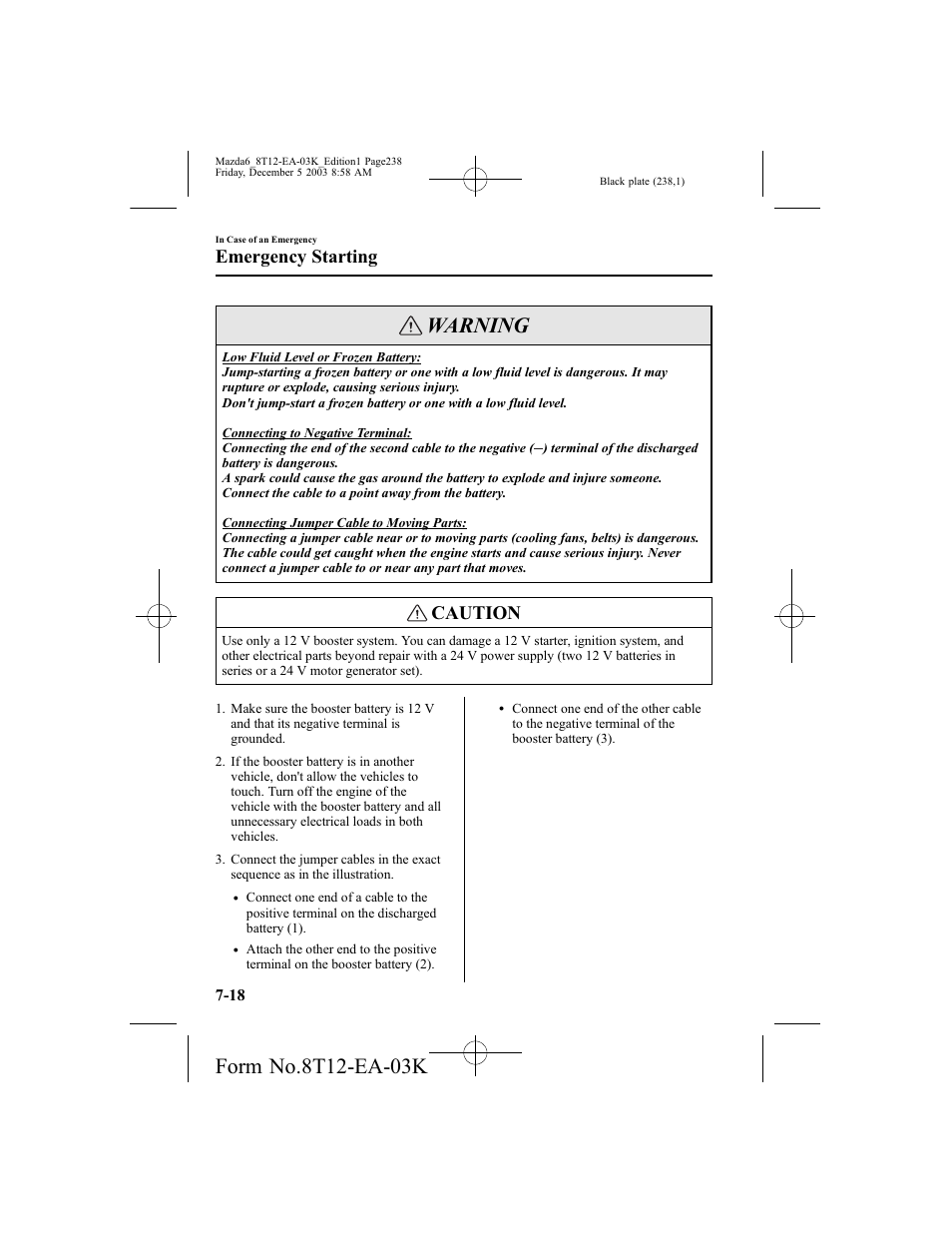 Warning, Caution, Emergency starting | Mazda 8T12-EA-03K User Manual | Page 238 / 326