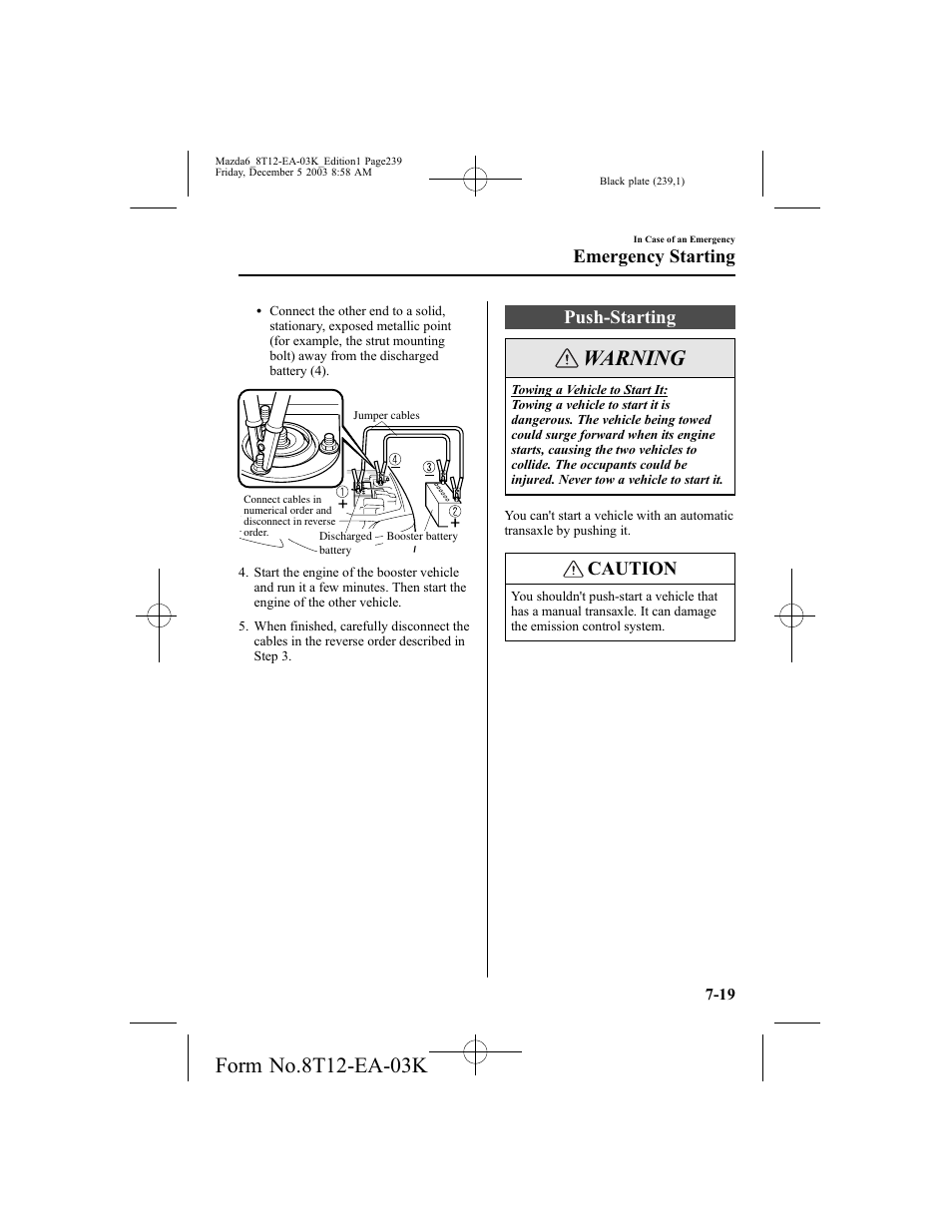 Warning, Push-starting, Caution | Emergency starting | Mazda 8T12-EA-03K User Manual | Page 239 / 326