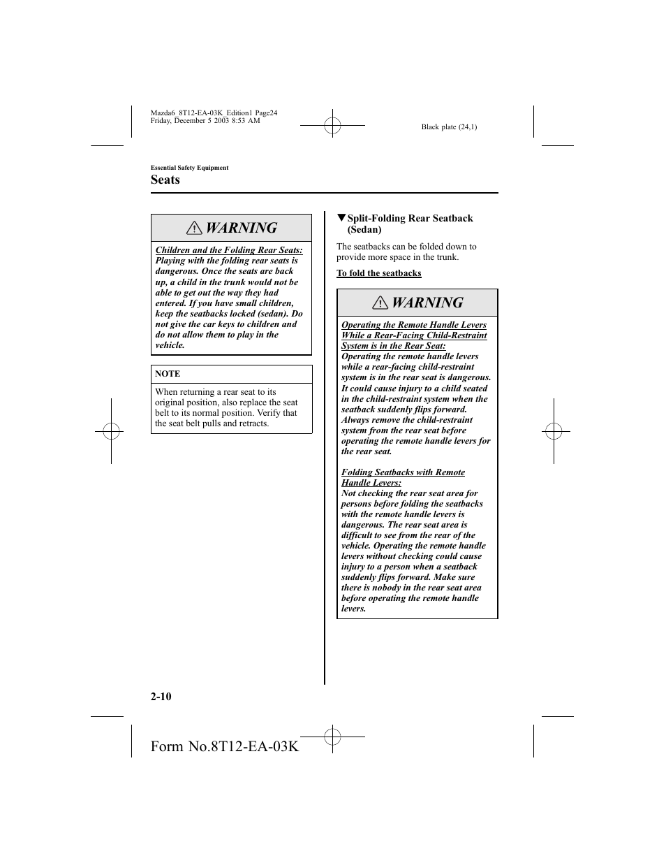 Warning, Seats | Mazda 8T12-EA-03K User Manual | Page 24 / 326