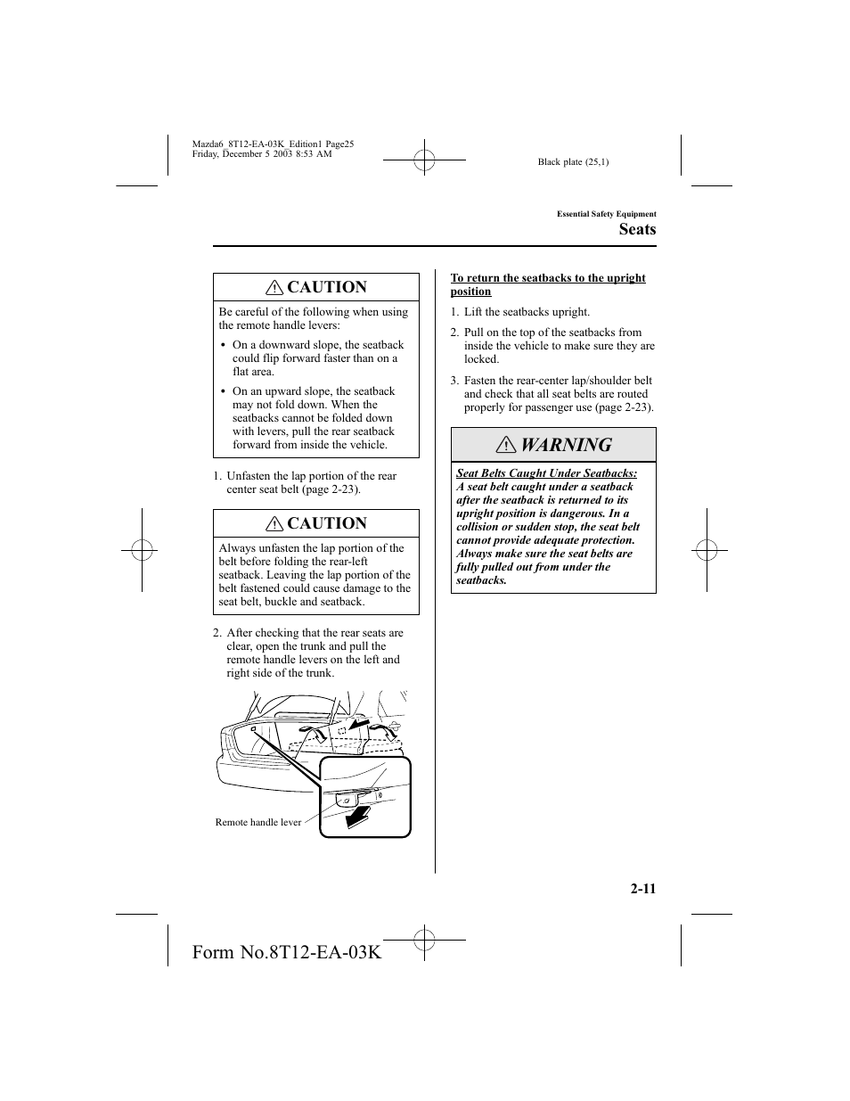 Warning, Caution, Seats | Mazda 8T12-EA-03K User Manual | Page 25 / 326