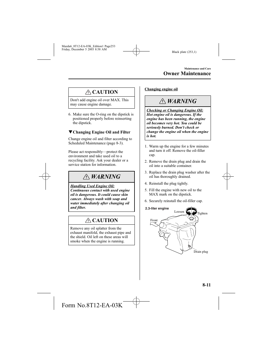 Warning, Caution, Owner maintenance | Mazda 8T12-EA-03K User Manual | Page 253 / 326