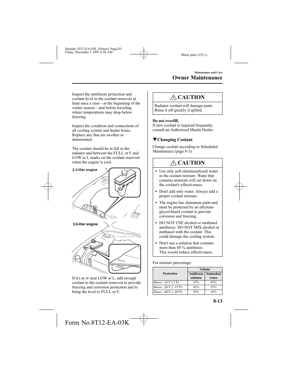 Caution, Owner maintenance | Mazda 8T12-EA-03K User Manual | Page 255 / 326