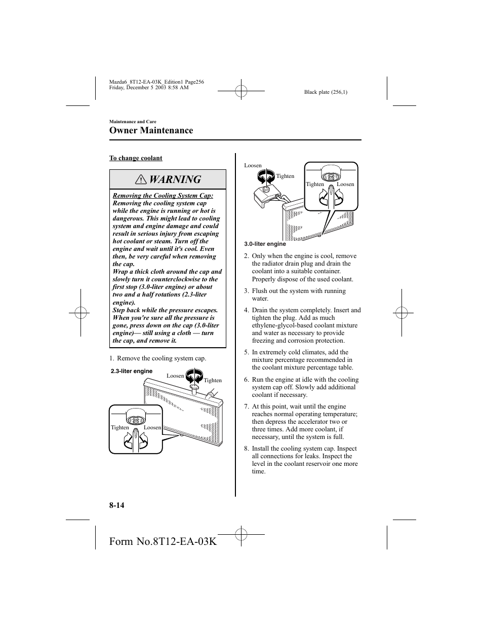 Warning, Owner maintenance | Mazda 8T12-EA-03K User Manual | Page 256 / 326