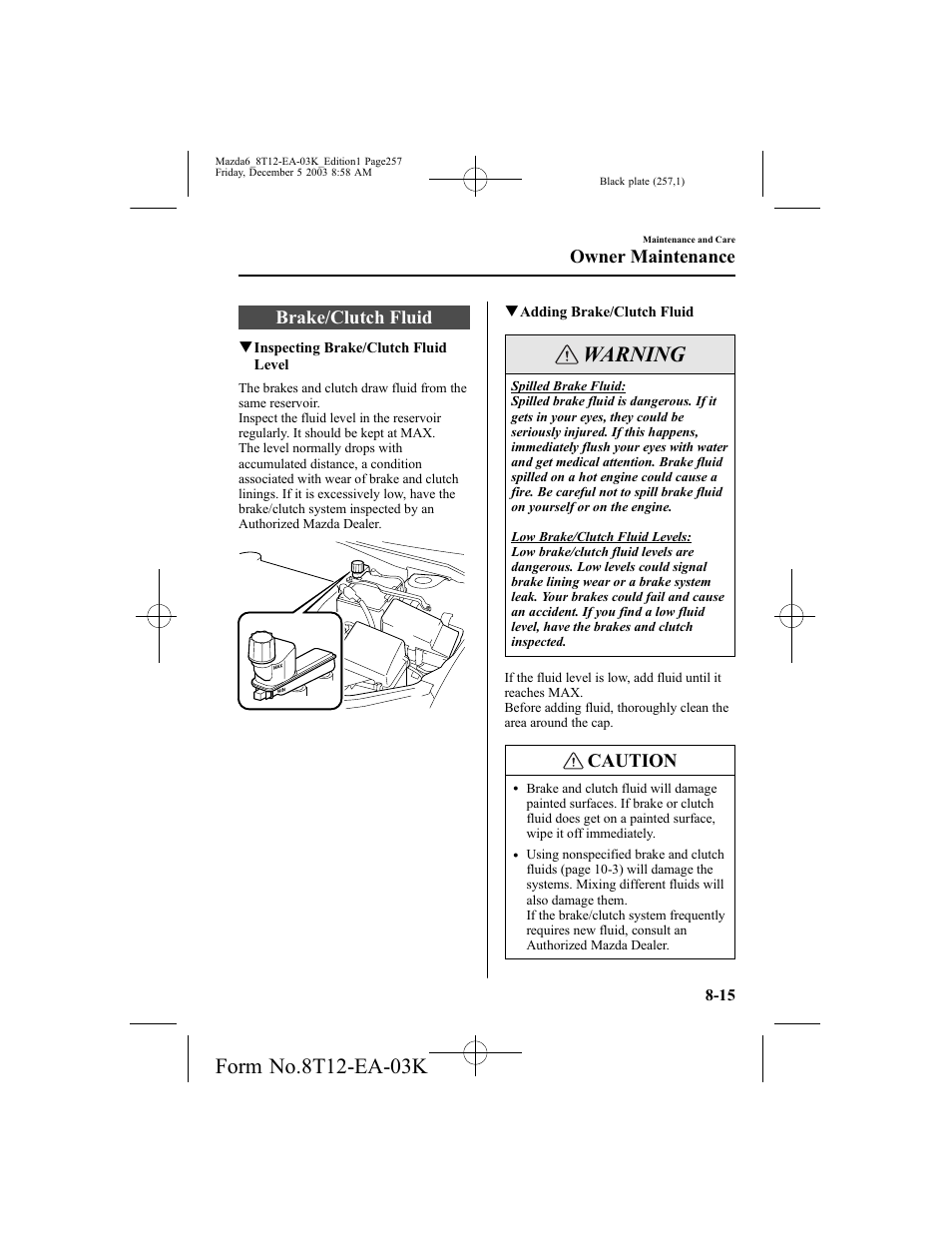 Warning, Brake/clutch fluid, Caution | Owner maintenance | Mazda 8T12-EA-03K User Manual | Page 257 / 326