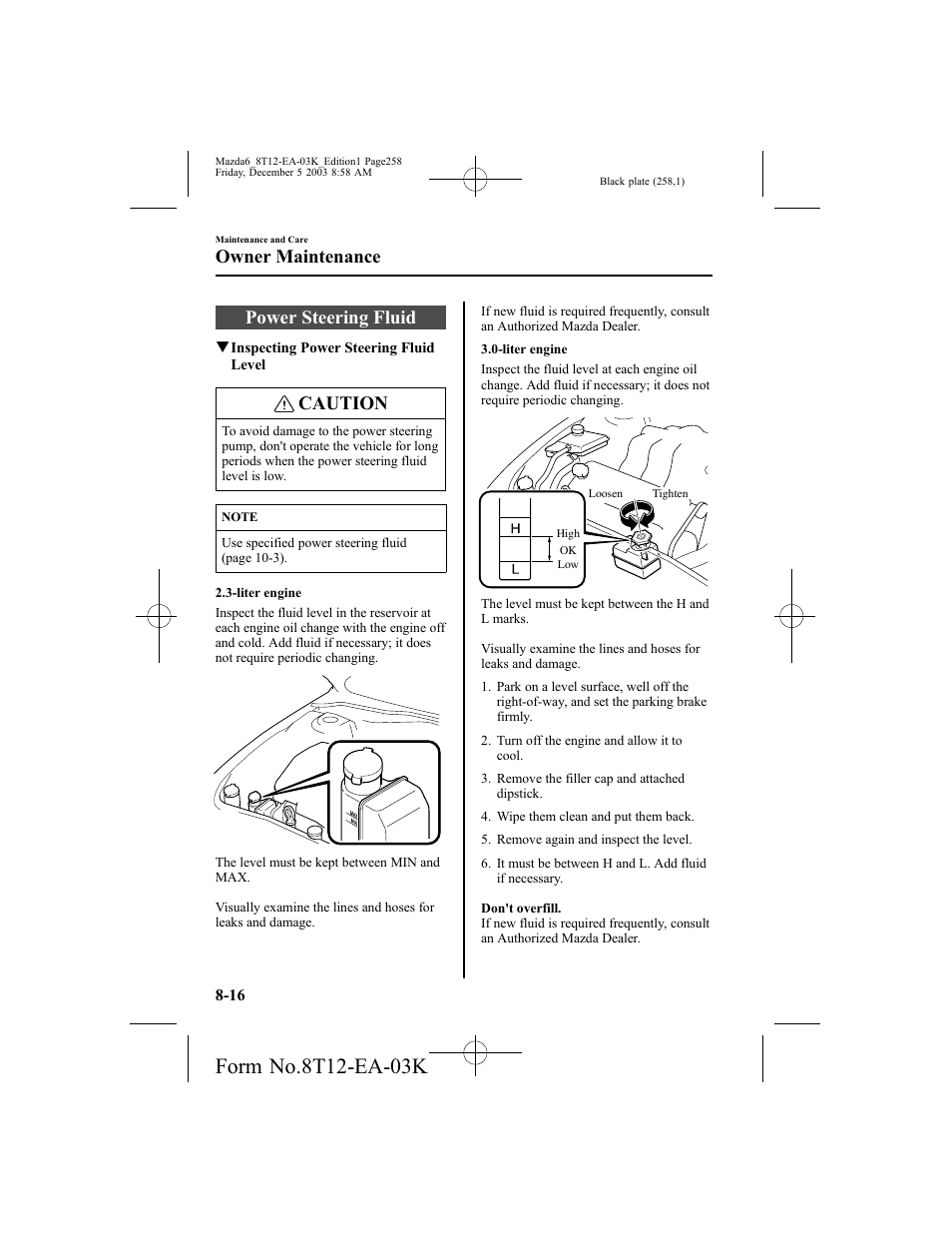 Power steering fluid, Caution, Owner maintenance | Mazda 8T12-EA-03K User Manual | Page 258 / 326