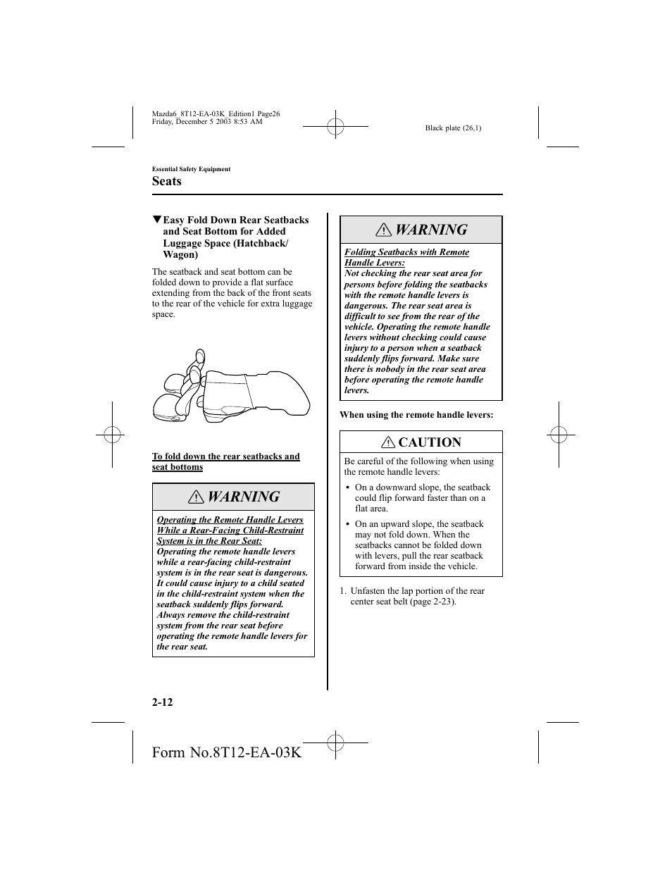 Warning, Caution, Seats | Mazda 8T12-EA-03K User Manual | Page 26 / 326