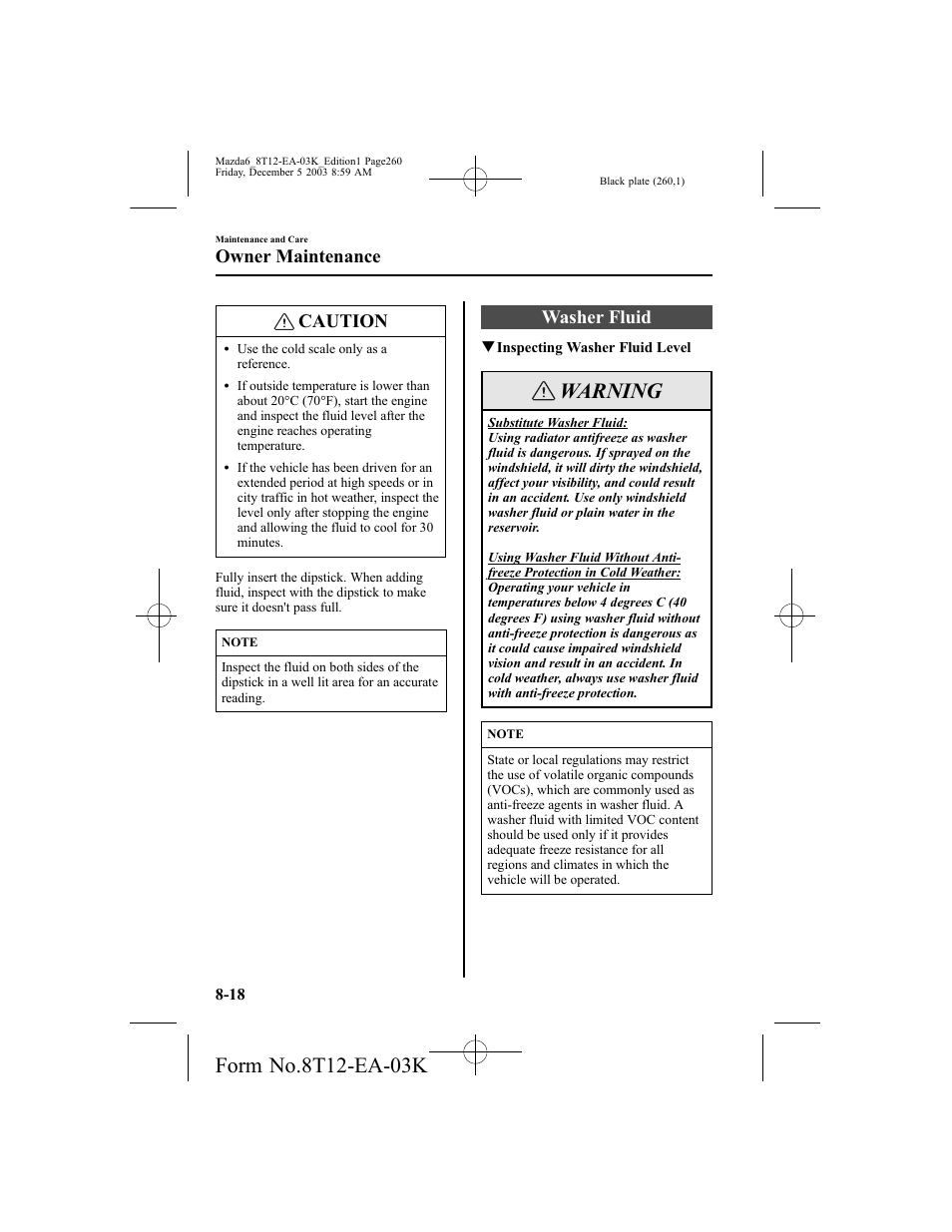 Warning, Caution, Washer fluid | Owner maintenance | Mazda 8T12-EA-03K User Manual | Page 260 / 326