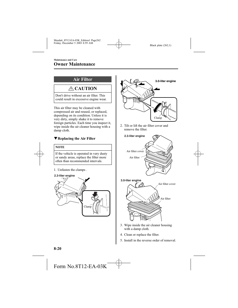 Air filter caution, Owner maintenance | Mazda 8T12-EA-03K User Manual | Page 262 / 326