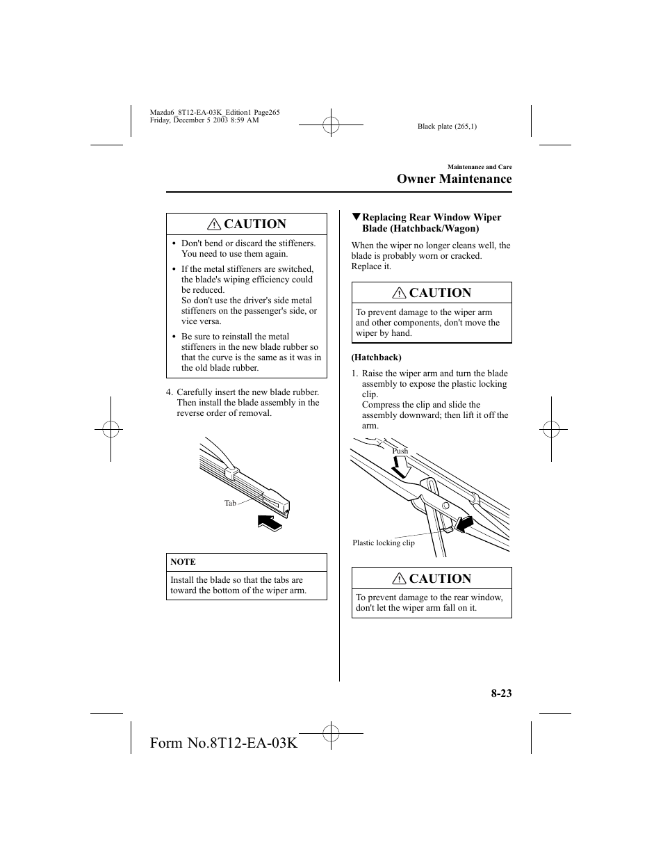 Caution, Owner maintenance | Mazda 8T12-EA-03K User Manual | Page 265 / 326