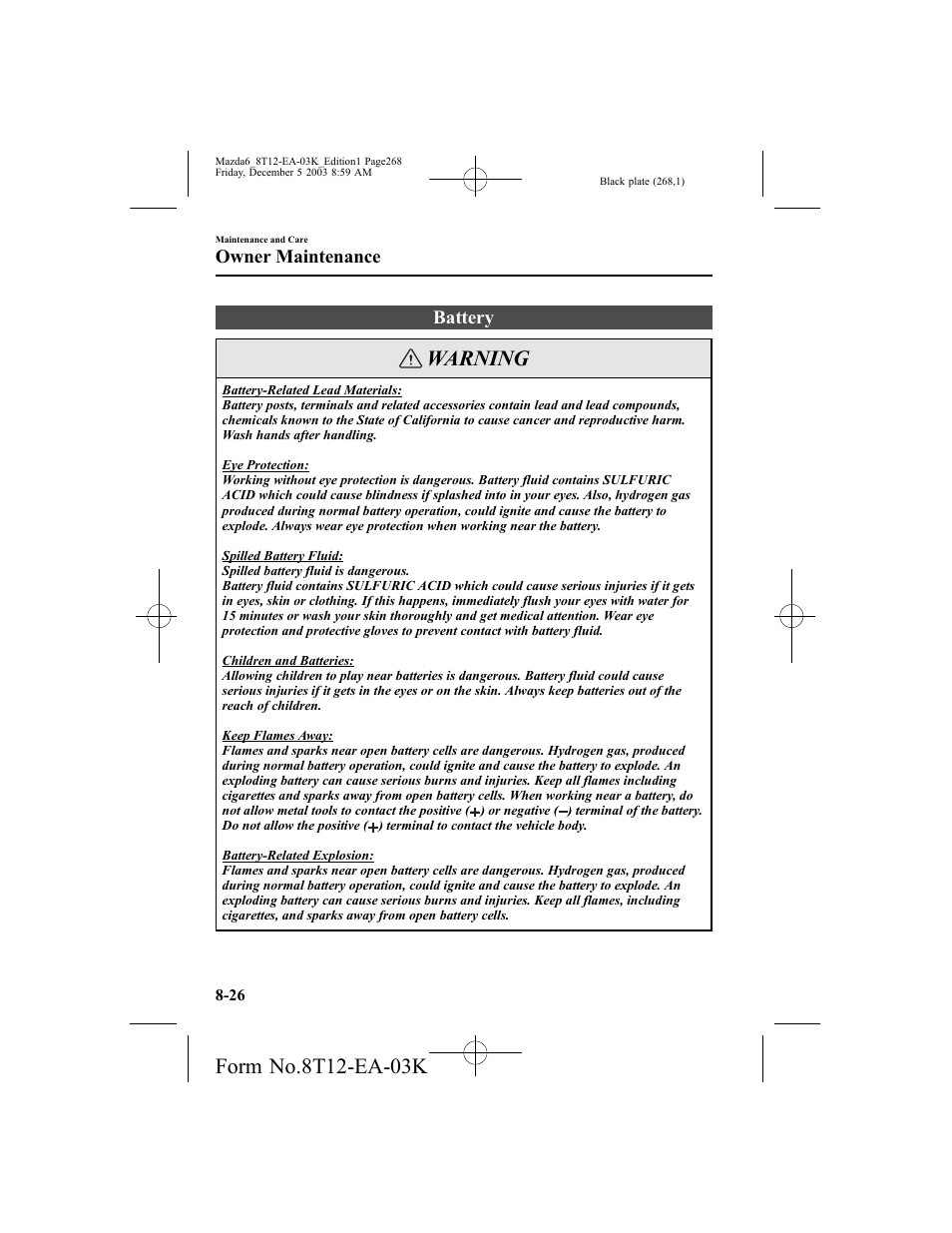 Warning, Battery, Owner maintenance | Mazda 8T12-EA-03K User Manual | Page 268 / 326