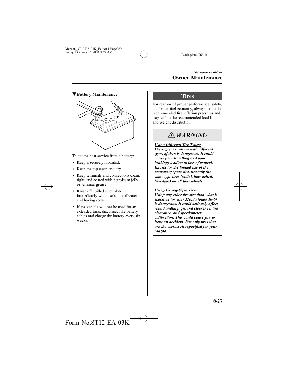 Warning, Tires, Owner maintenance | Mazda 8T12-EA-03K User Manual | Page 269 / 326