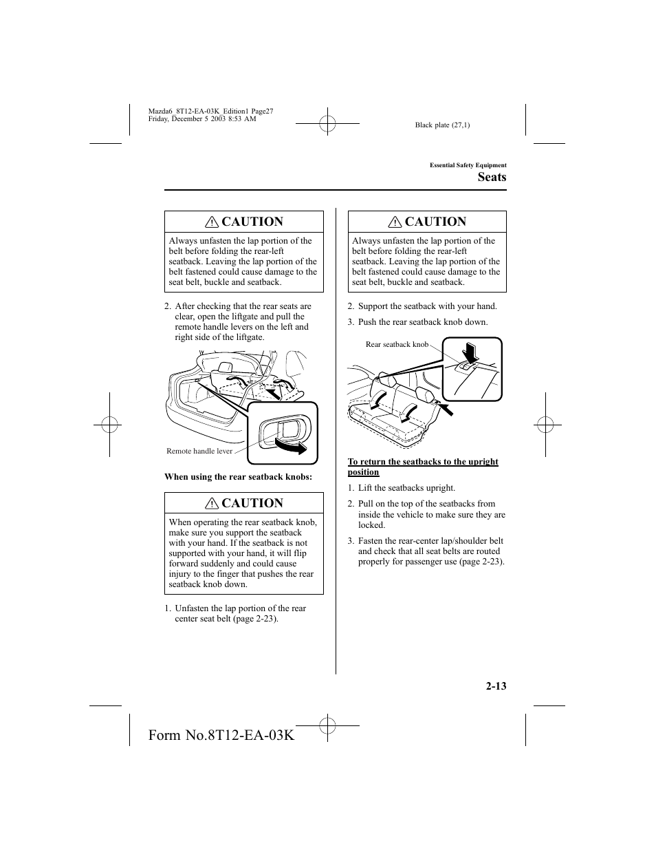 Caution, Seats | Mazda 8T12-EA-03K User Manual | Page 27 / 326