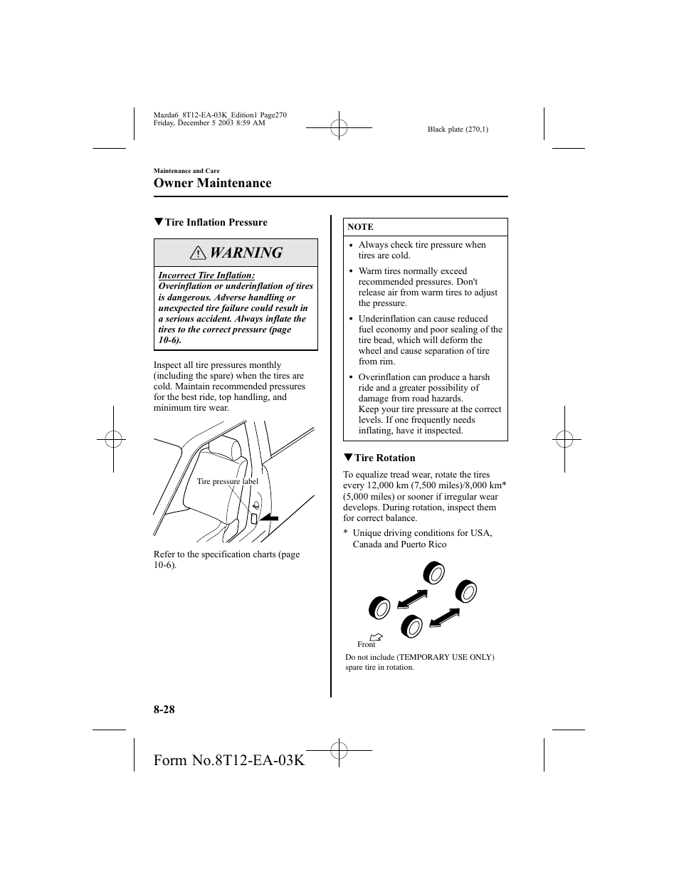 Warning, Owner maintenance | Mazda 8T12-EA-03K User Manual | Page 270 / 326