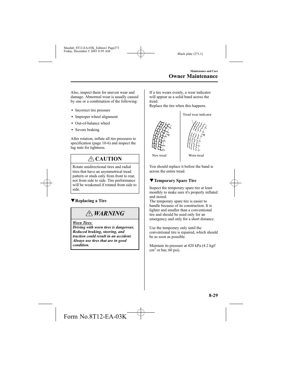 Warning, Caution, Owner maintenance | Mazda 8T12-EA-03K User Manual | Page 271 / 326