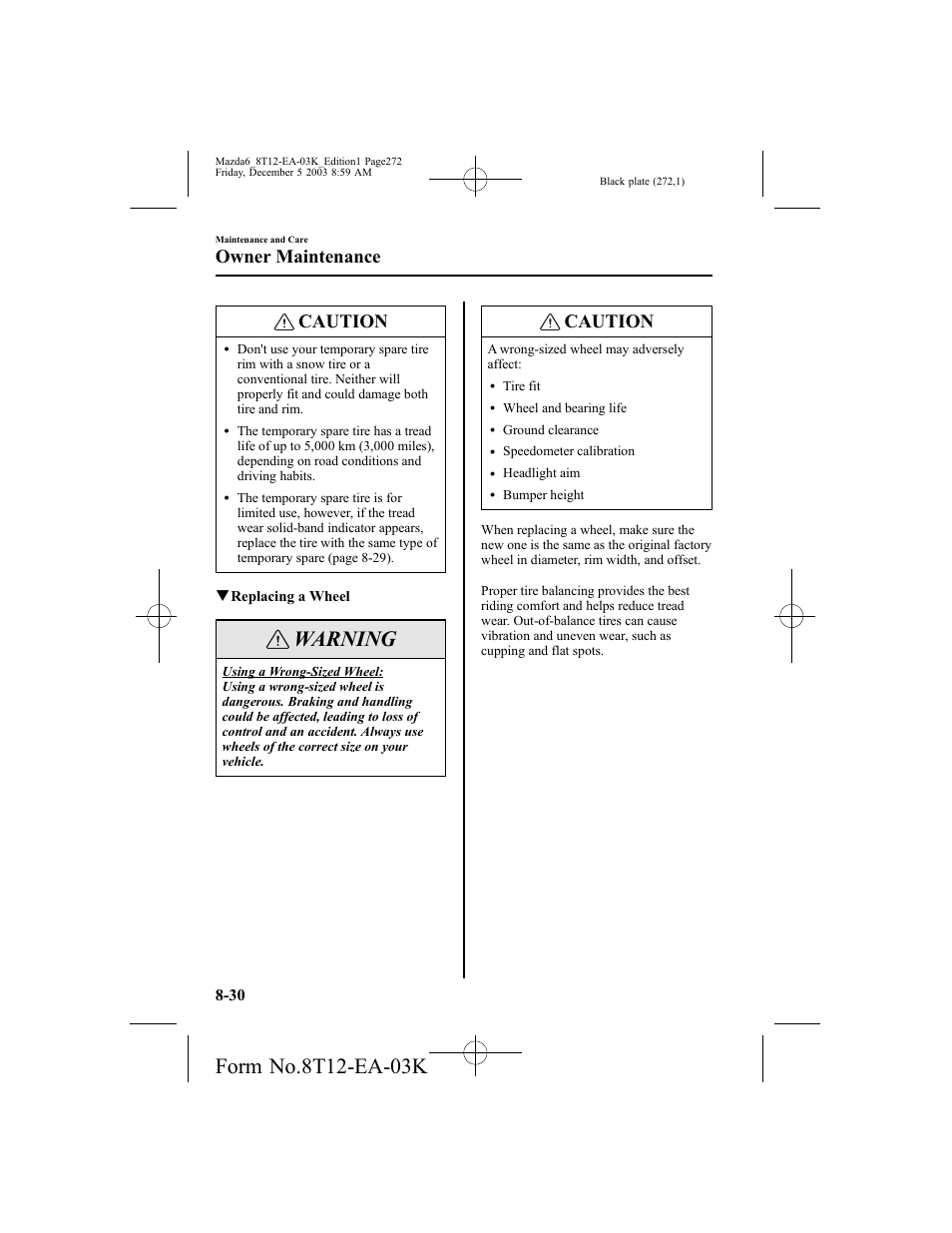 Warning, Caution, Owner maintenance | Mazda 8T12-EA-03K User Manual | Page 272 / 326