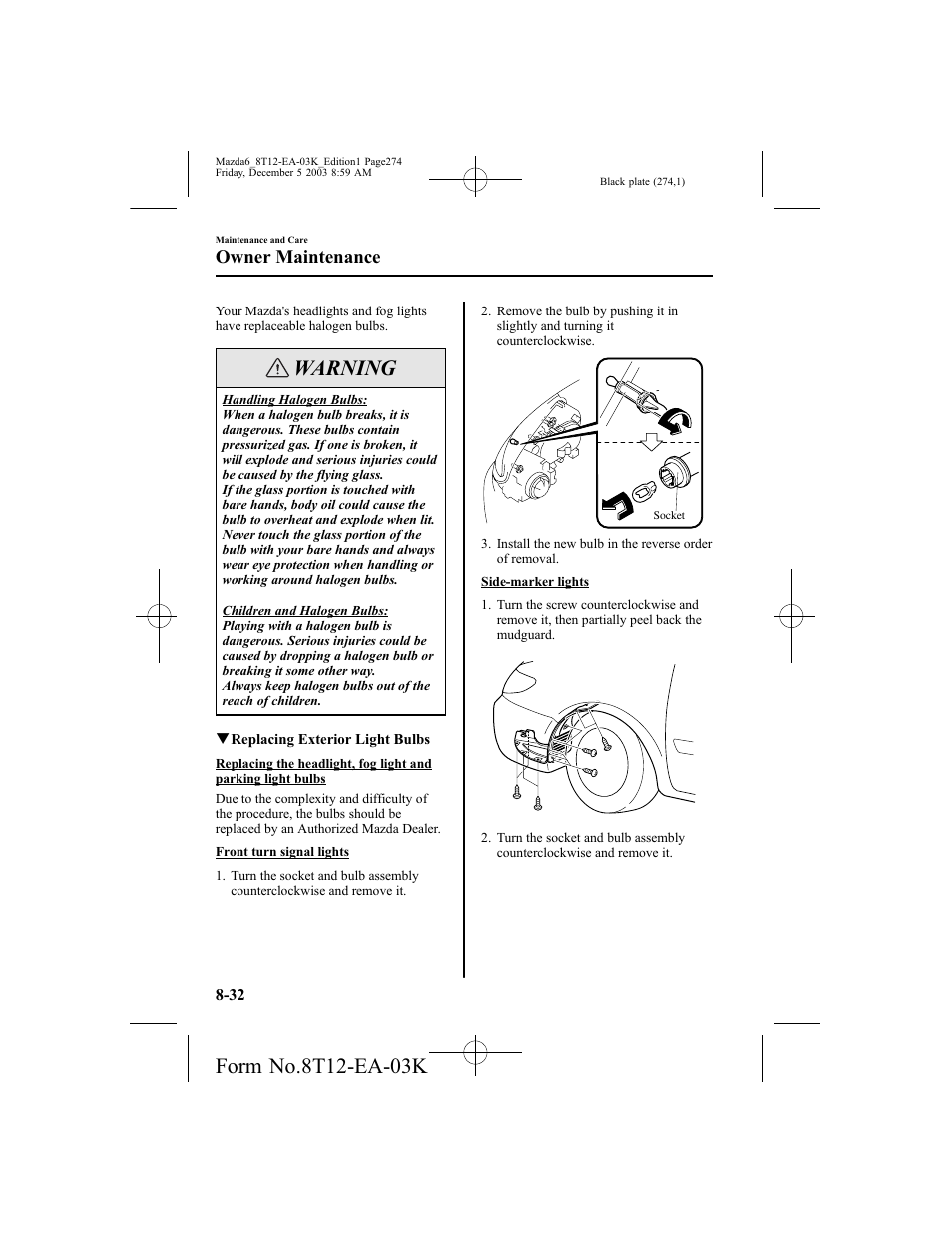 Warning, Owner maintenance | Mazda 8T12-EA-03K User Manual | Page 274 / 326